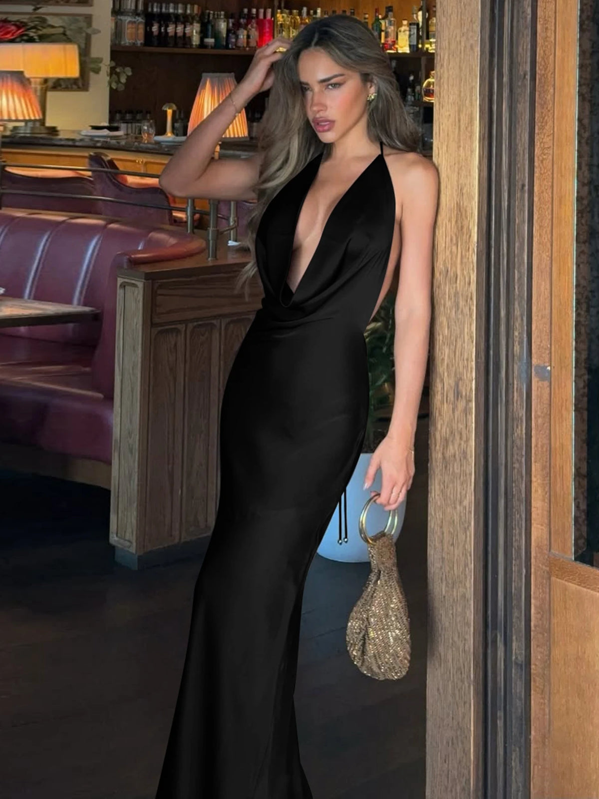 Cyflymder  Summer Latest Fashion Swinging Collar Backless Lace Up Slim Long Dress Women'S Sexy Elegant Dress Party Club Prom Outfit