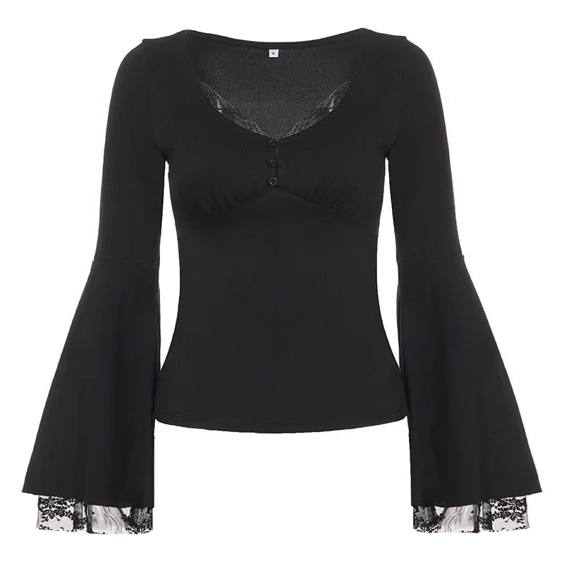 Cyflymder   Autumn Temperament Lace Patchwork V Neck Flare Sleeve Solid Slim Sexy All Match Top Female