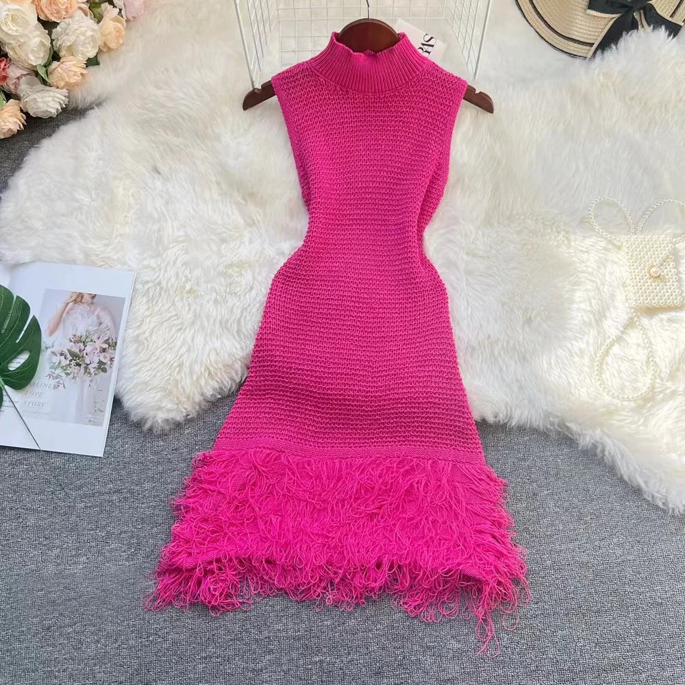 Cyflymder  Sexy Dress Women Sleeveless Hollow Out Patchwork Tassel Slim Bodycon Knitted Short Dresses