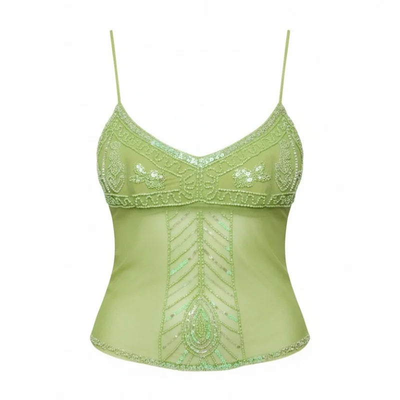 Cyflymder  Women Y2K Beaded Sheer Mesh Tank Top Fairy Grunge Sequinned Camisole Slim Fit V Neck Spaghetti Strap Going Out Tops Streetwear