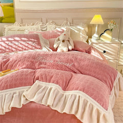 Cyflymder Carved Milk Velvet Bedding Set Girl Luxury Princess Ruffle Bow Bed Linen Thicken Warm Quilt Cover Sheet Pillowcase Bedroom Decor