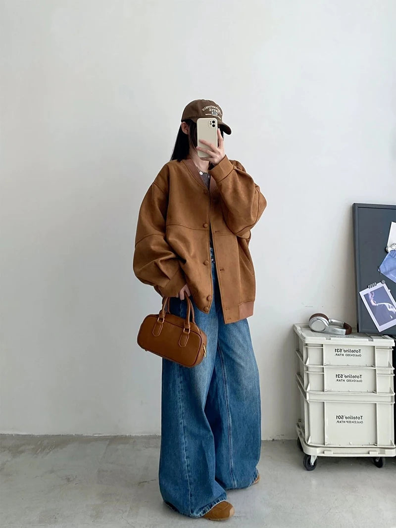 Cyflymder  American Y2K Jackets Women Streetwear Loose Faux Suede Coat Vintage Long Sleeve Harajuku Bf Oversize Hip Hop Outwear New