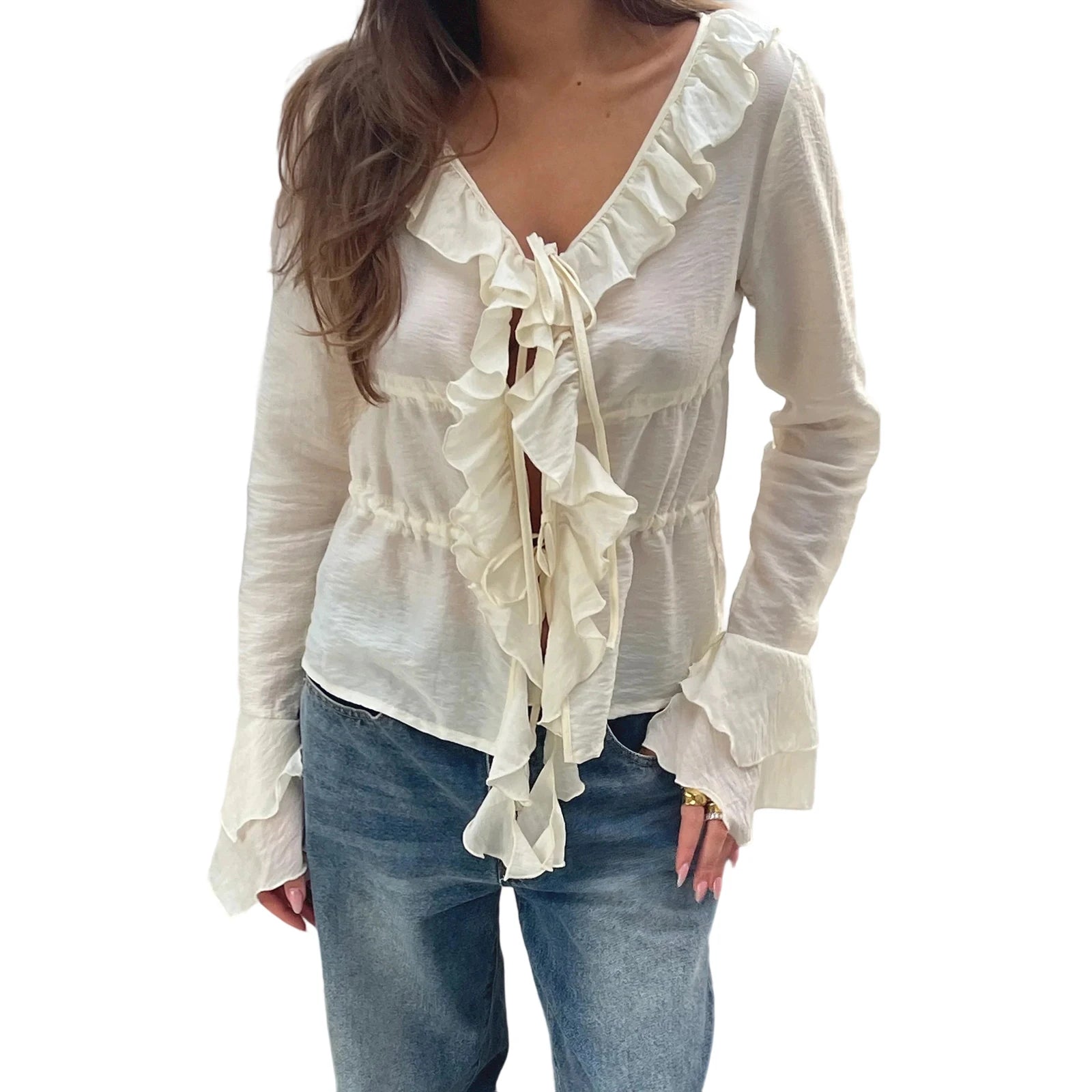 Cyflymder  Elegant Women s V-Neck Peplum Blouse with Flowy Front Bow Tie Long Sleeve and Ruffle Trim Detail for a Stylish Look
