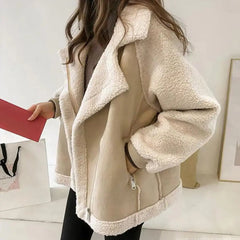 Cyflymder aspen outfits winter  Fall Winter Women Jacket Thick Heat Retention Loose Women Coat Turn-down Collar Long Sleeves Lambswool Windproof Coat