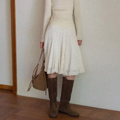 Cyflymder  French Ruffle Leaf Edge Rice Apricot Skirt Women's Spring New Fashion Medium and Long Dress