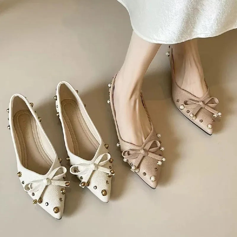 Cyflymder  Comfort Soft Leather PU Pointed Toe Flat Shoes Women Pearl Rivet Bowknot Design Elegant Dress Pumps Concise Lightweight Loafers