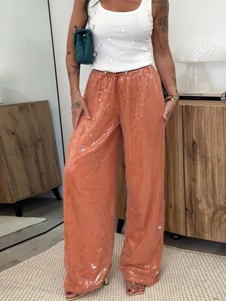 Cyflymder  Loose Solid Color Sequin Pants Woman Cinched Waist Glitter Straight Baggy Long Pants Casual Street Chic Sparkle Women's Trousers