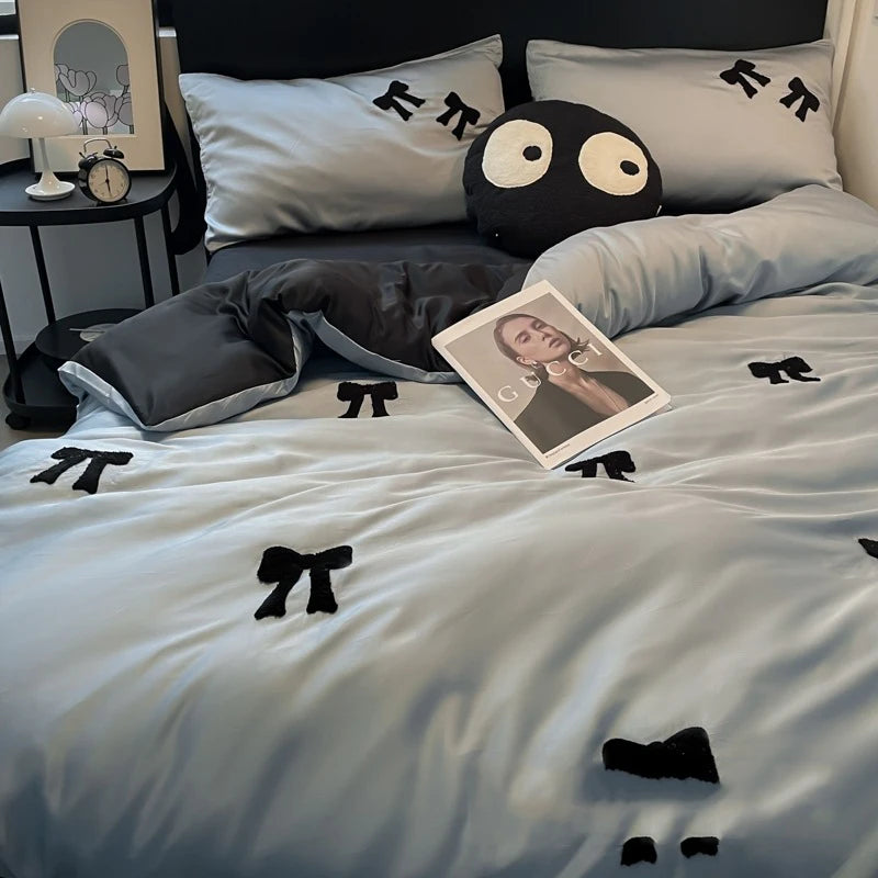 Cyflymder  Nordic Style Rayon Silk Bow Embroidery Bedding Sets Ice Silk Duvet Covers Bed Sheet Pillowcases Queen/king Bedclothes for Summer