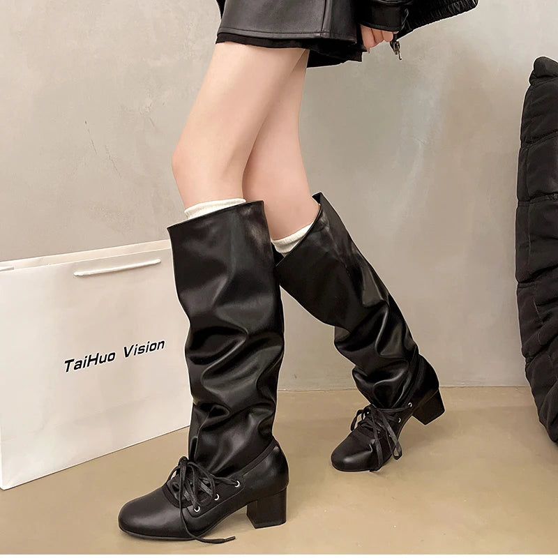 Cyflymder  Designer Thick Heel Women Knee High Boots Fashion Ladies Lace Up Knight Long Booties botas de inverno feminina