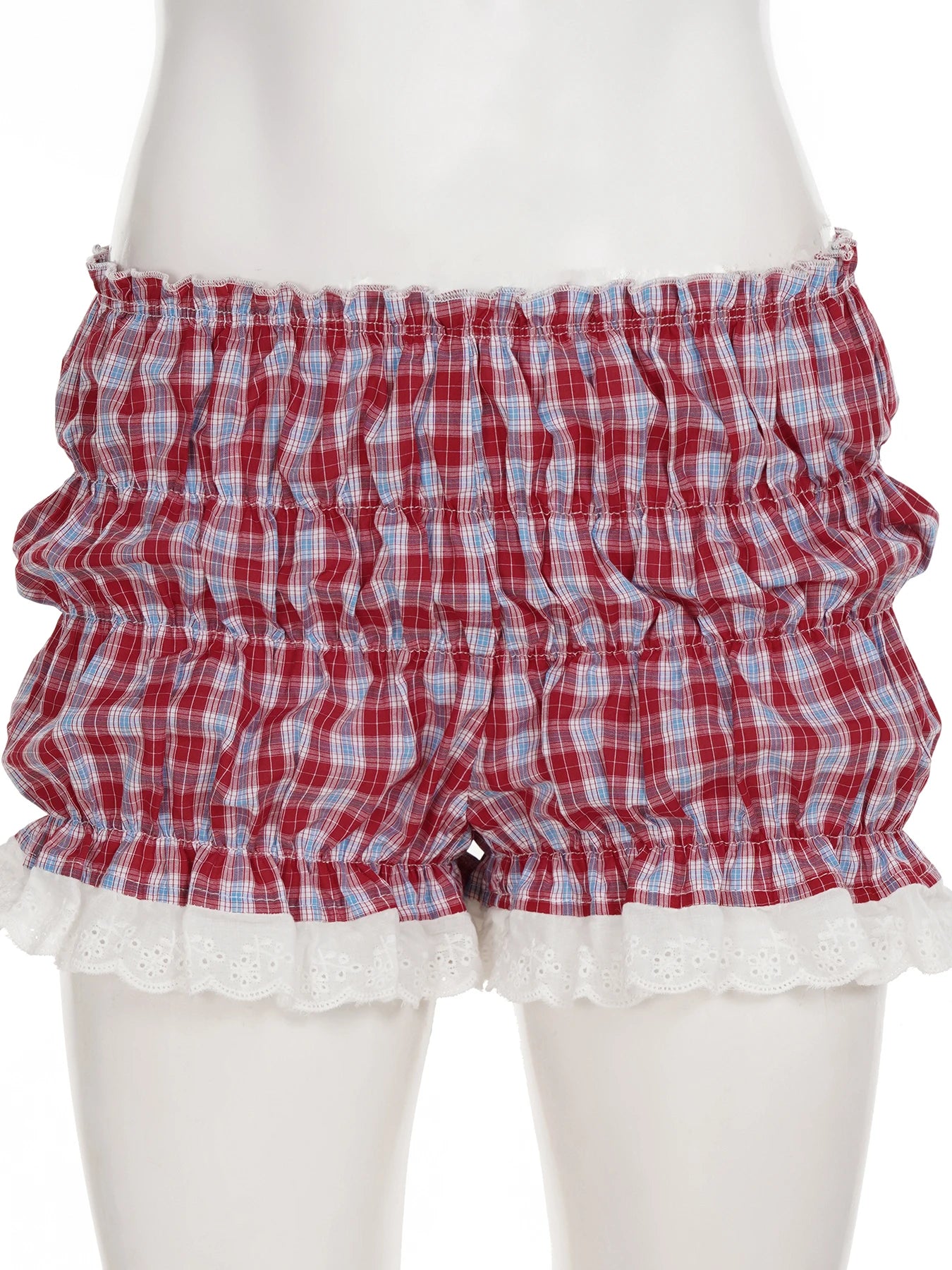 Cyflymder  Sweet Plaid Lace Trim Low-Waisted Shorts Slim Patchwork Low-Waisted Shirts Women Summer Fashion Streetwear Ladies