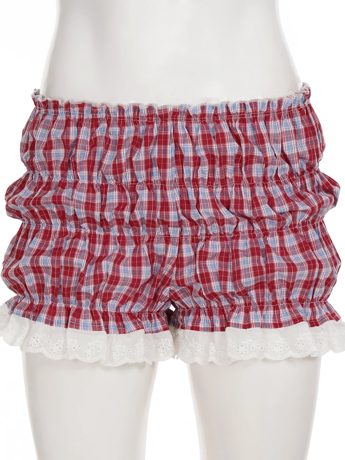 Cyflymder  Sweet Plaid Lace Trim Low-Waisted Shorts Slim Patchwork Low-Waisted Shirts Women Summer Fashion Streetwear Ladies
