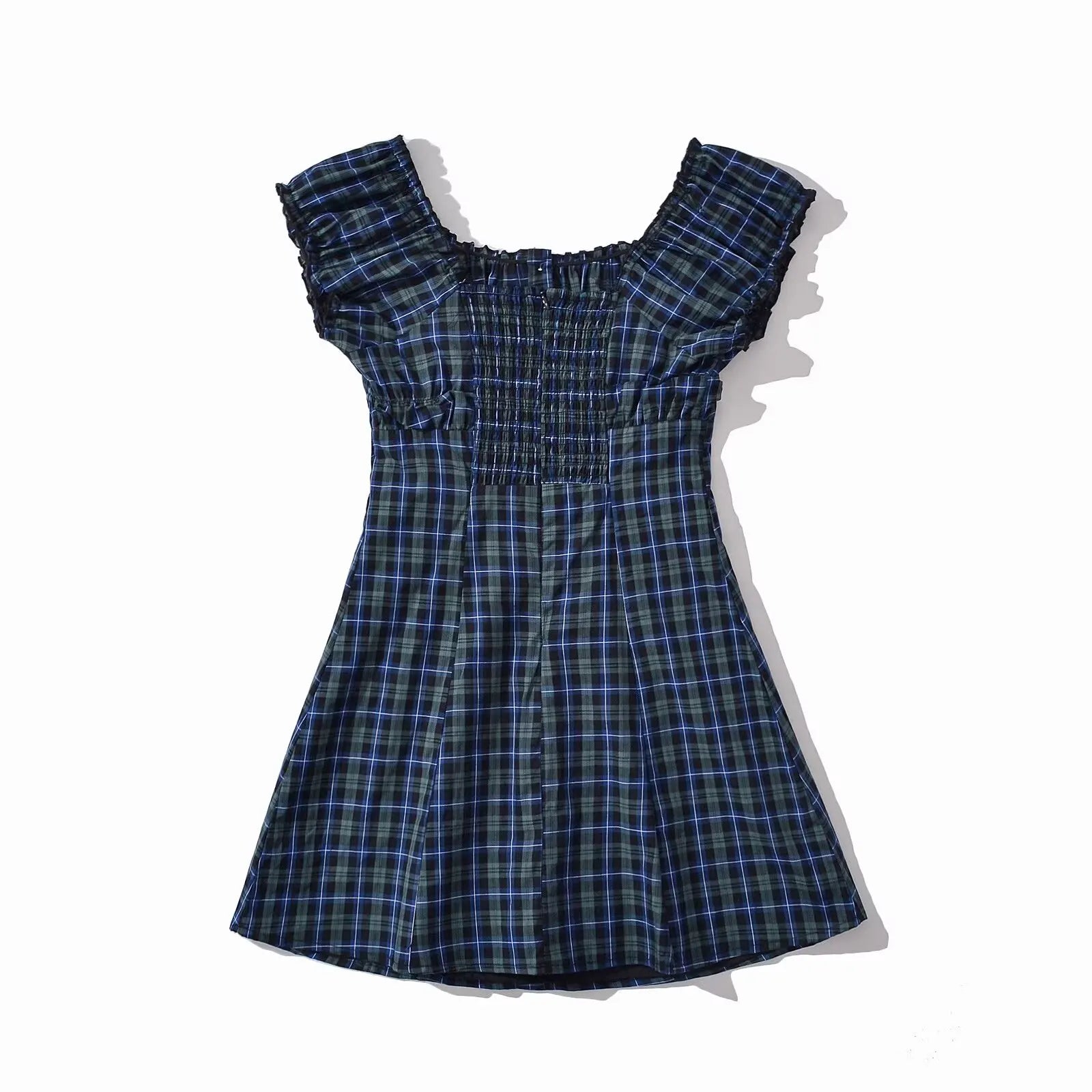 Cyflymder  CHIC Contrast Color Plaid Open Buttons Slash Shoulder Mini Dress Women Short Sleeve Slim Waist Dresses Holiday Robe Femme