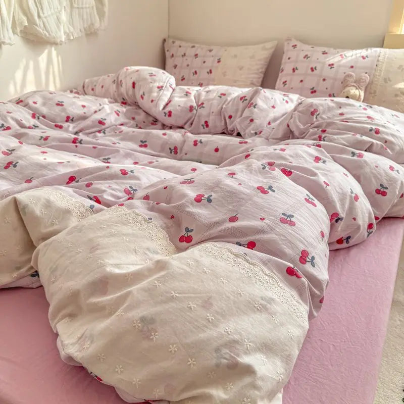 Cyflymder  INS French Style Fresh Floral Lace Trim Four-Piece Set Washed Cloud Cotton Quilt Cover Bed Sheet Dormitory Bed Sheet Sets