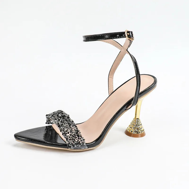 Cyflymder  Rhinestone Sandals Comfort Shoes for Women Summer Heels Large Size Suit Female Beige Girls Fashion Big Black High Low Pointed