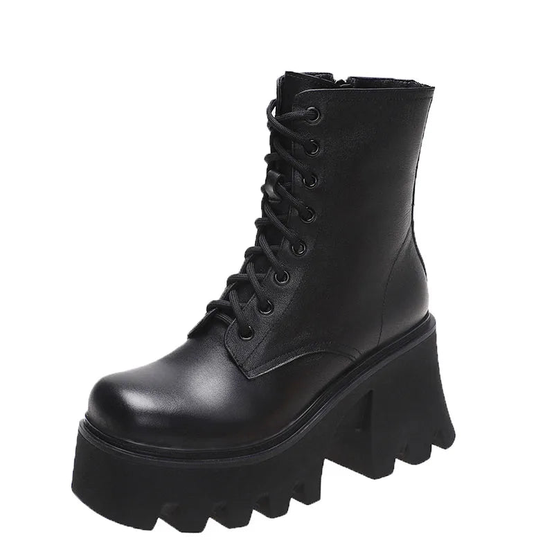 Cyflymder Punk Goth Ankle Boots Women Black Chunky Wedge Platform Shoes Woman Lace Autumn Patent Leather Footwear Lady Botas Mujer