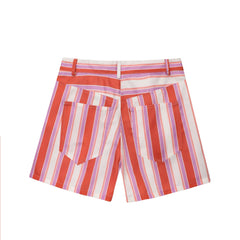 Cyflymder  Women's new fashion side pocket decoration casual striped shorts retro high waisted zipper women's shorts