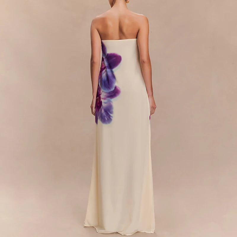 Cyflymder  Spring Fashion Flower Print Women Long Dress Sexy Strapless Backless Hollow Evening Dress Summer Off Shoulder Holiday Maxi Dress