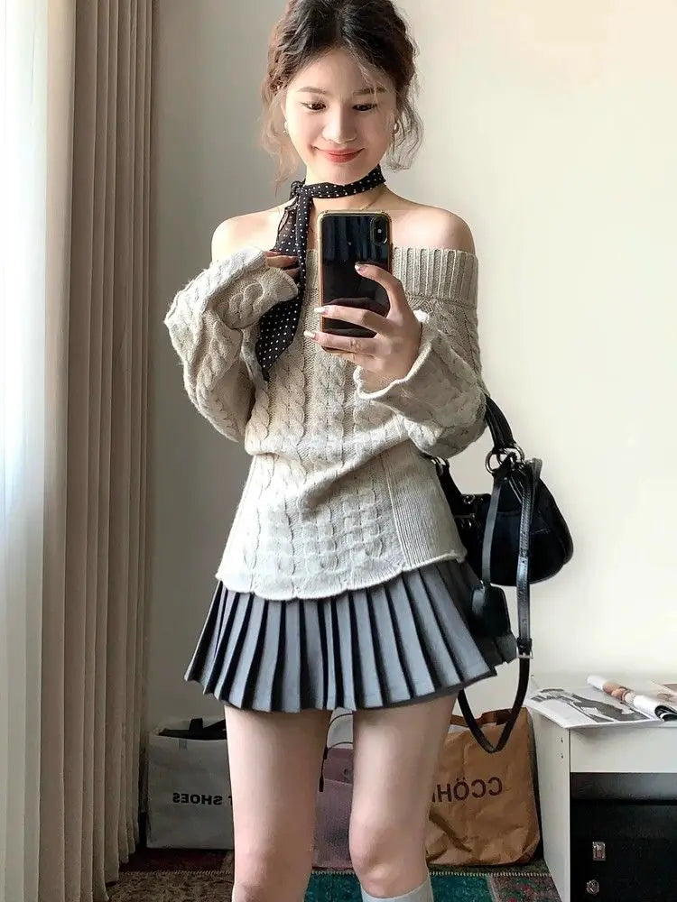 Cyflymder Korean Style Sexy Off Shoulder Sweater Women Sweet Elegant Long Sleeve Knitted Pullover Cute Fashion Slim Up Sweaters