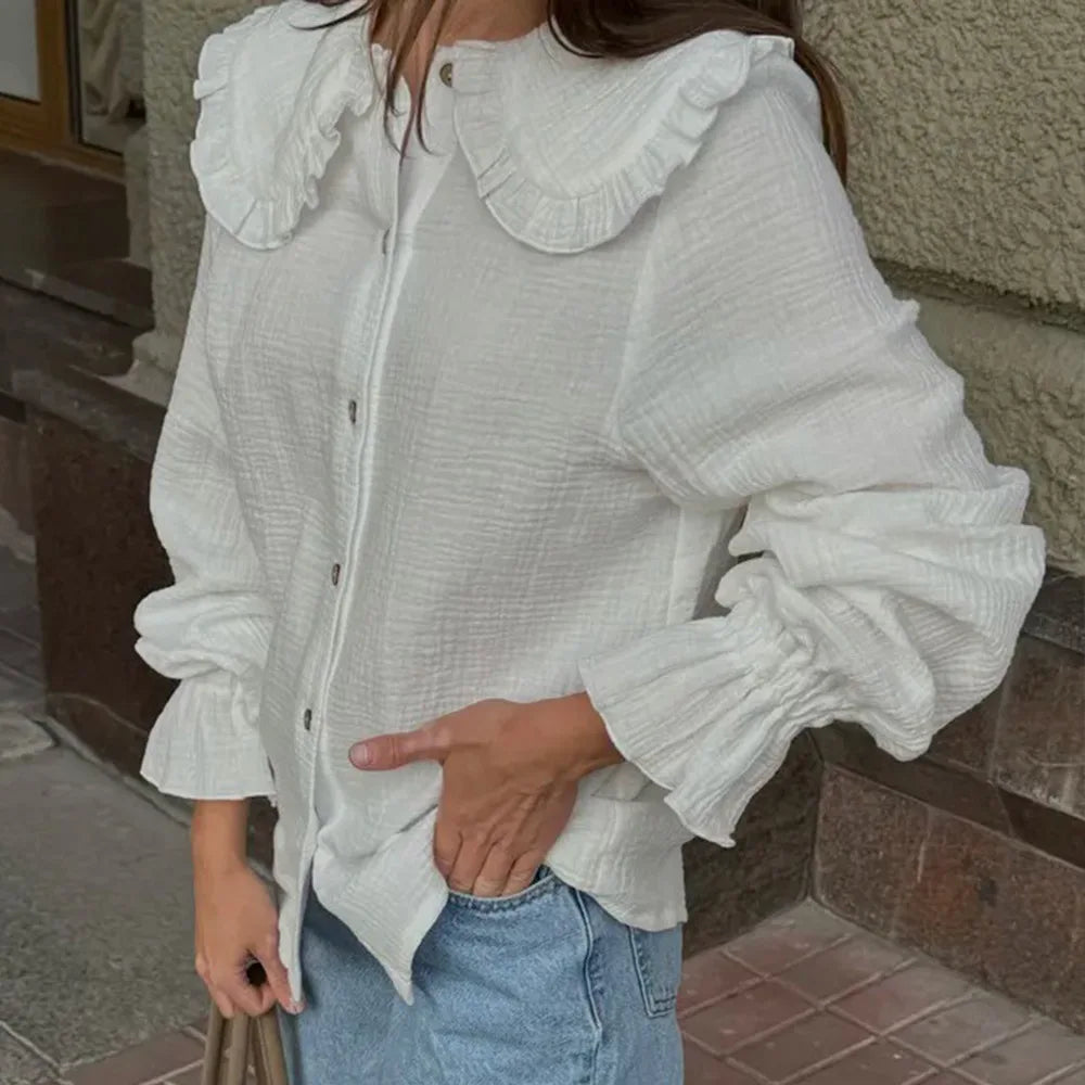 Cyflymder  Cotton Spliced Ruffled White Shirts for Women Peter Pan Collar Lantern Sleeve Patchwork Buttons Shirt Autumn Style