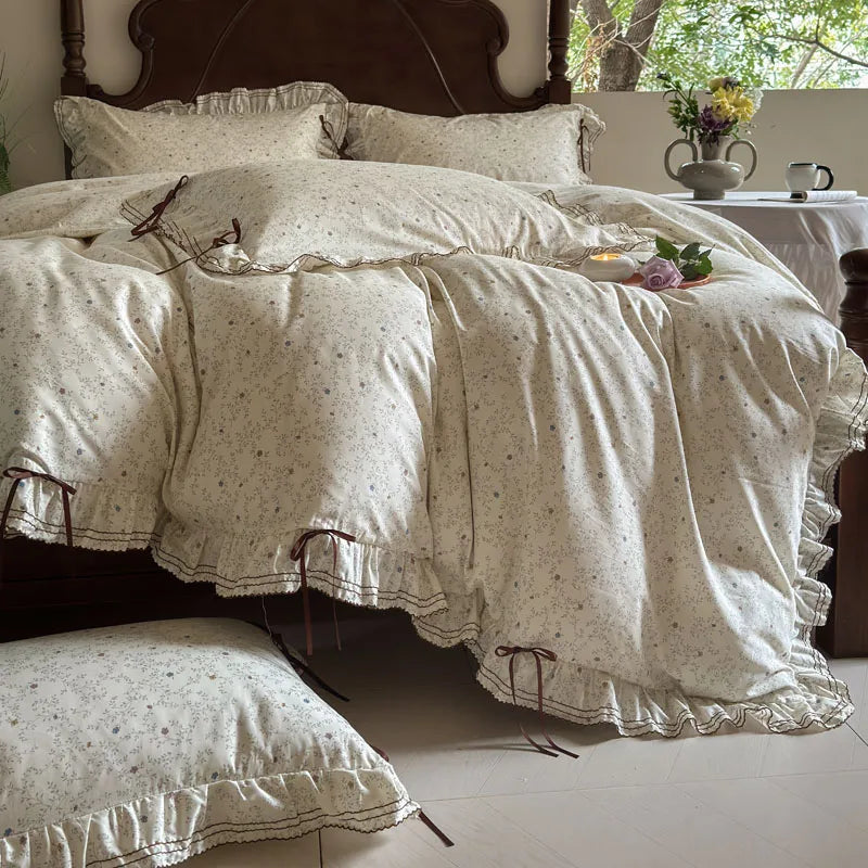 Cyflymder  100% Cotton Pastoral Floral Print Ruffles Bow Princess Bedding Set Queen King Duvet Cover Set Bed Sheet/Fitted Sheet Pillowcases