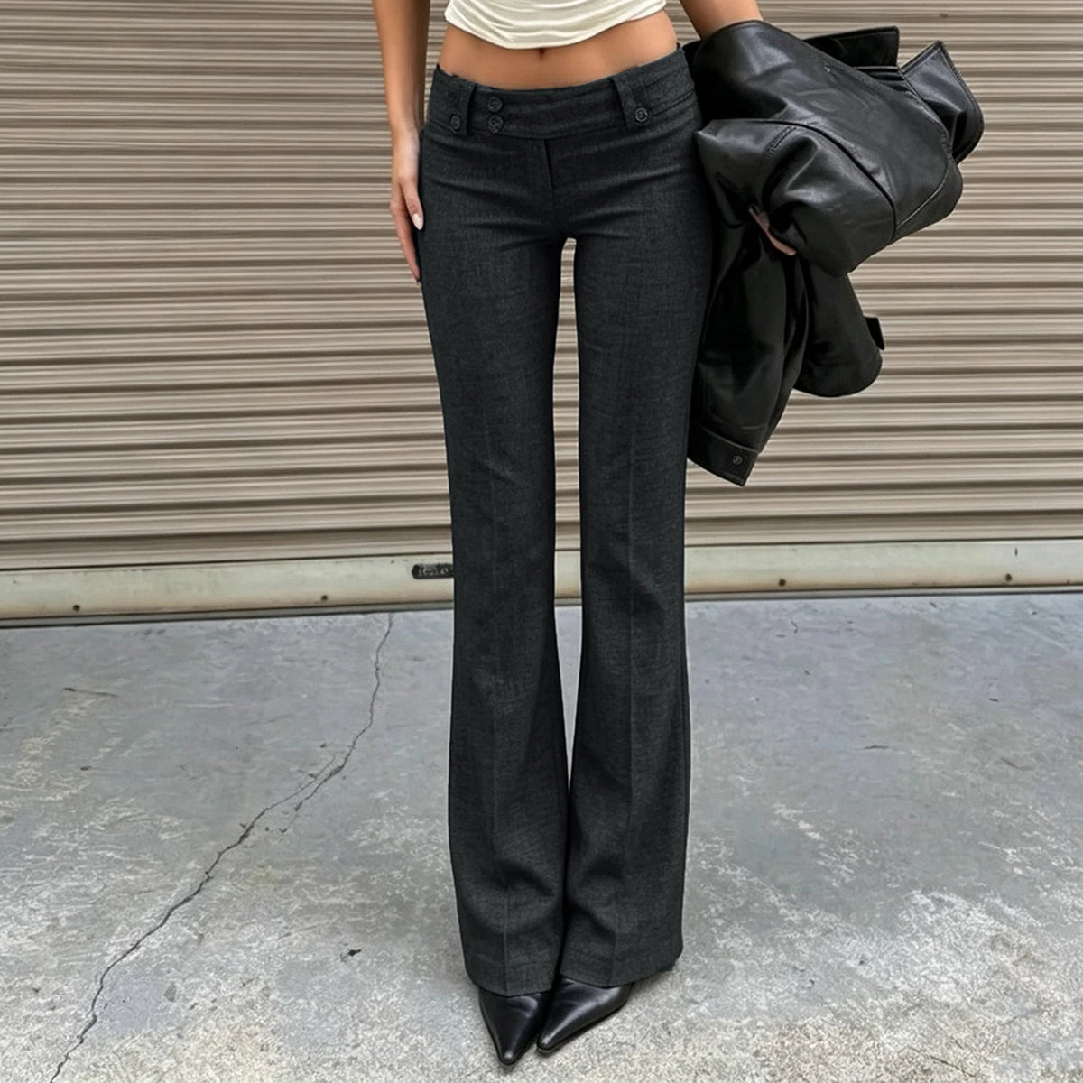 Cyflymder  Women Low Waist Flare Suit Pants Double Button Slim Bootcut Trousers Solid Dark Gray Vintage Office Business Casual Streetwear