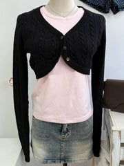 Cyflymder  Cropped Knitwear Women Cotton Twisted Flower V-neck Long Sleeve Slim Crop Tops Sweater Vintage Chic Sweater Cardigan