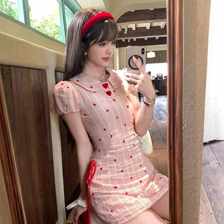 Cyflymder  Sweet Hot Girl Heart Printed Striped Dress for Women's Summer Slim Fit Bubble Sleeves A-line Dress Fashion Female Clothes