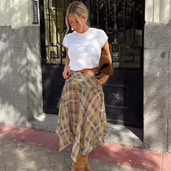 Cyflymder  Women New Design Asymmetric Hem A-line Mid-rise Plaid Midi Skirts Thin faldas mujer