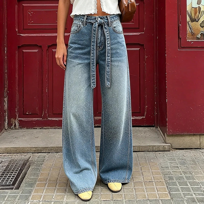 Cyflymder  Y2K Rhinestone Jeans High-Waisted Ombre Gradient Wide Leg Denim Pants with Sashes All-Over Sparkle Detail Trouser 90s Streetwear