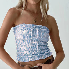 Cyflymder  Plaid Strapless Tube Tops Elastic Ruched Off Shoulder Crop Tops Bandeau 90s Vintage Backless Y2K Tank Vest Women