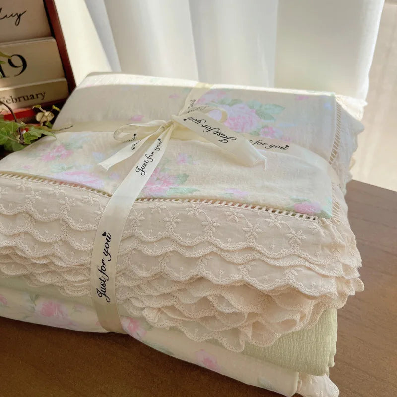 Cyflymder  New A-Class Hollow Lace Bedding Set Fitted Sheet Quilt Cover Pillowcase for Spring Summer Korean Skin Friendly Cozy Bedclothes