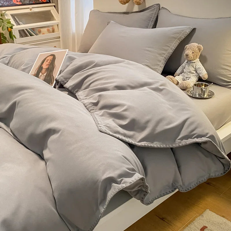 Cyflymder  Solid Color Bedding Set with Shell Edges Skin Friendly Simple Soft Duvet Cover Kit Cozy Fitted Sheet Set for Autumn Winter
