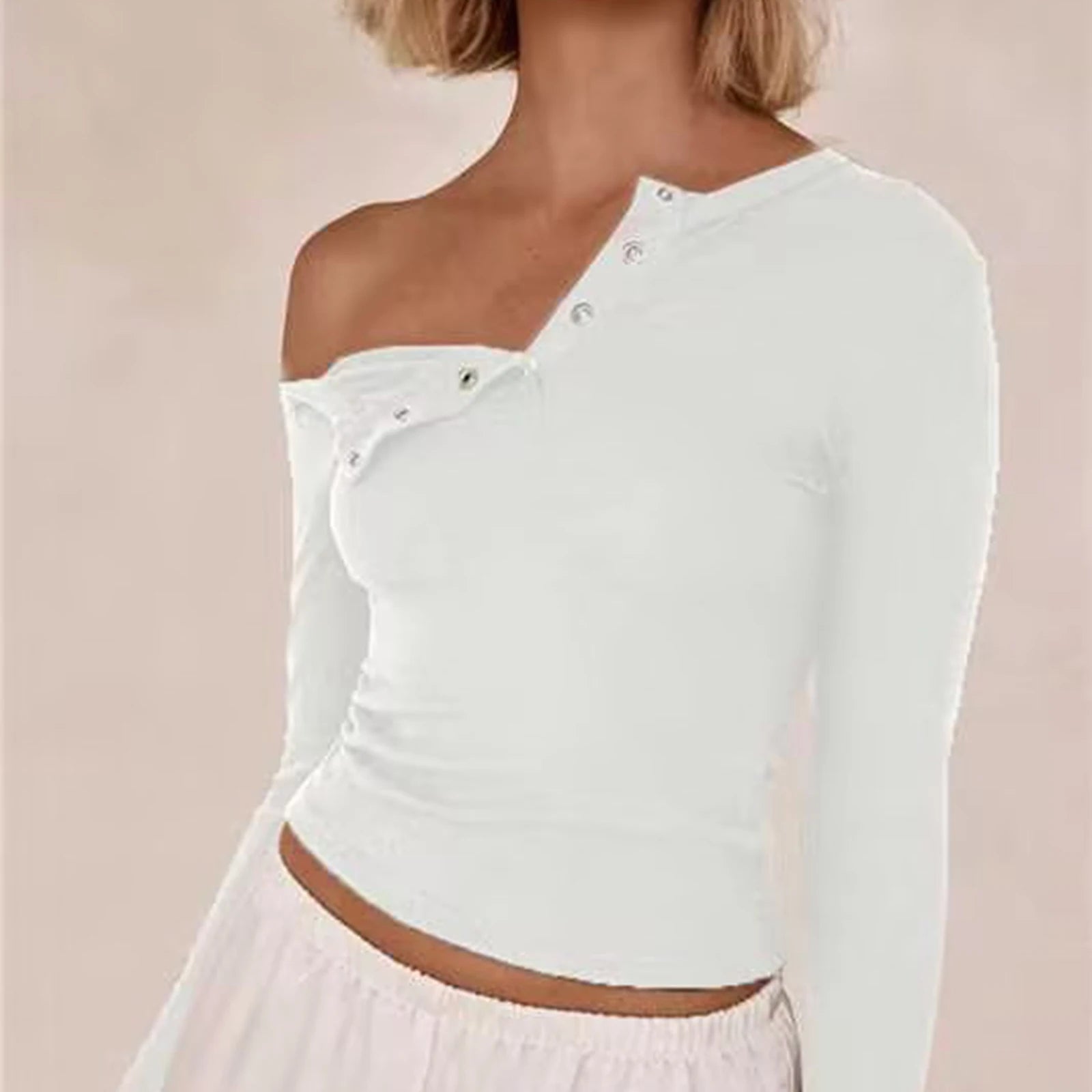 Cyflymder  Solid Color Long Sleeve Basic T-Shirts Women Buttons Oblique Shoulder Casual Shirts Fall Slim Fit Crop Tops Streetwear