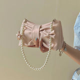 CyflymderGirly Pearl Bow Cute Underarm Bag Fairy Women's Small Pink Shoulder Bag Soft PU Leather Female Pearlescent Clutch Purse Handbags