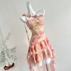 Cyflymder  Summer Women French Vintage Graduation Off Shoulder Dress Mini Chiffon Tie Dye Frock Evening Shoujo Girl One-Piece Party 2000s