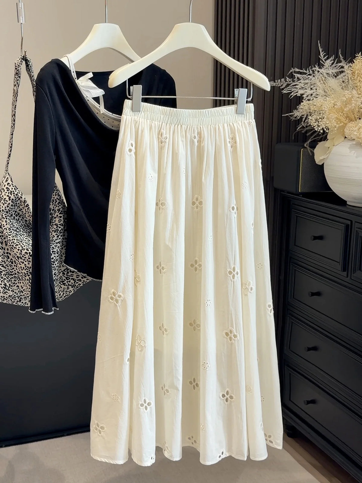 Cyflymder  New Style White Elegant Embroidered Hollow Floral Midi Long Skirt for Women, High Waist Dress