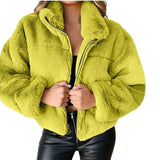Cyflymder Women's Autumn Winter Faux Fur Short Coats Zipper Cardigan Plush Warm Coat Female Oversized Outerwear Overcoat Thick Jacket
