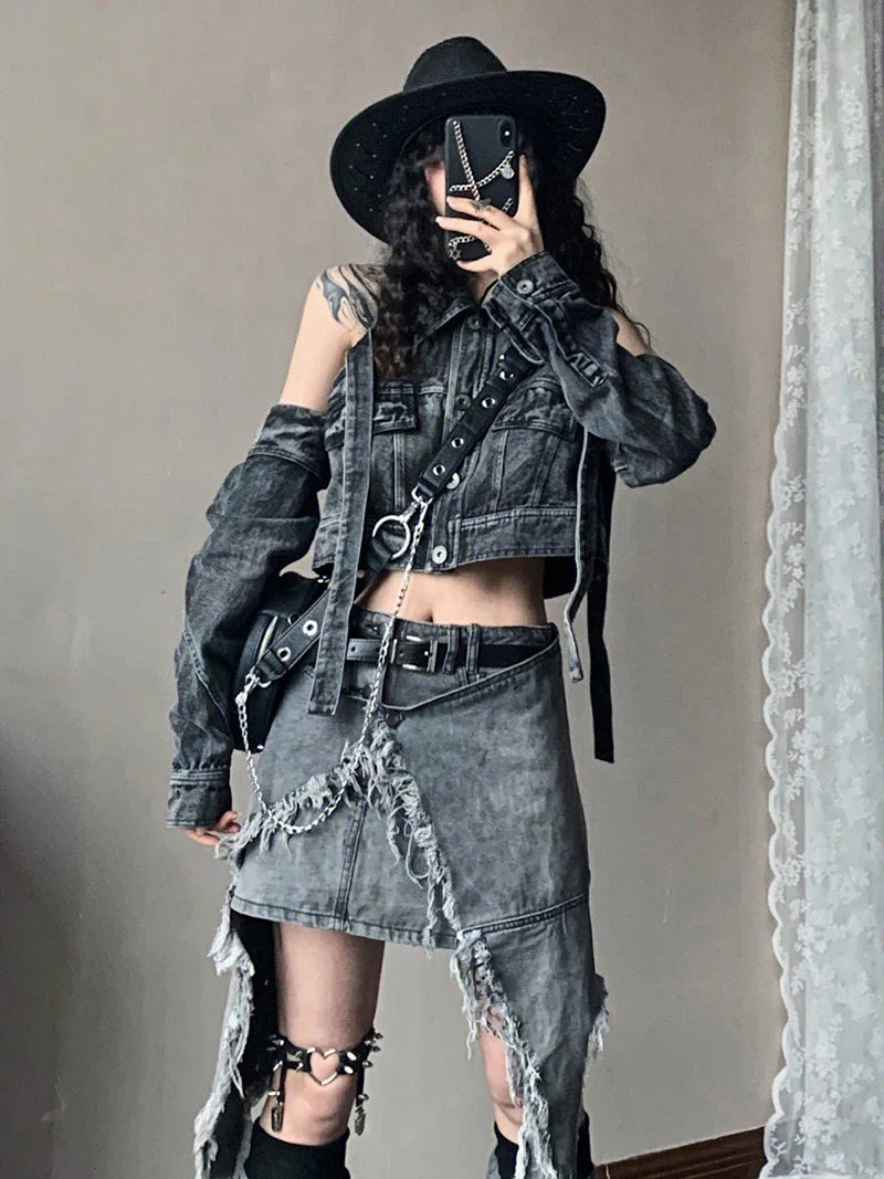 Fashion Women Skirt Set Mini Short Denim Skirt Waist Cape Chain Belt Leg Warmers Grunge Y2K Vintage Streetwear Cyflymder