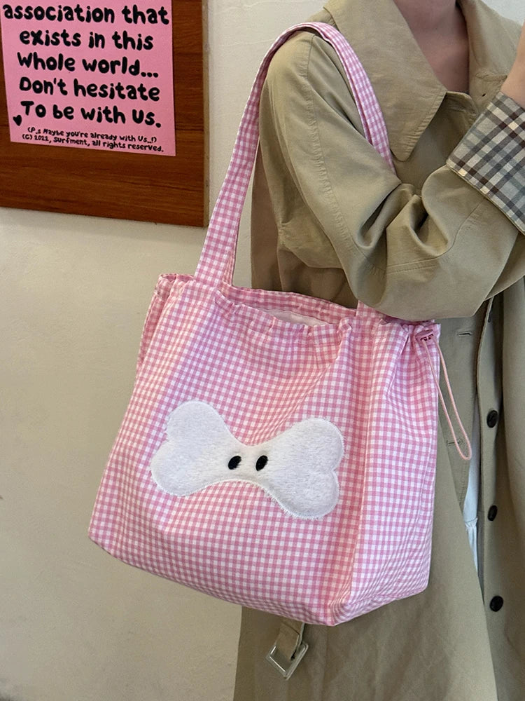 Cyflymder  Sweet Y2k Aesthetic Kawaii Plaid Shoulder Bags All Match Women Drawstring Casual Handbags New Fashion Grunge Canvas Underarm Bag