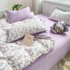 Cyflymder Purple Flowers Bedding Sets Romantic Floral Duvet Covers Bed Flat Sheet Pillowcases Washed Cotton Quilt Cover Girls Bed Linen