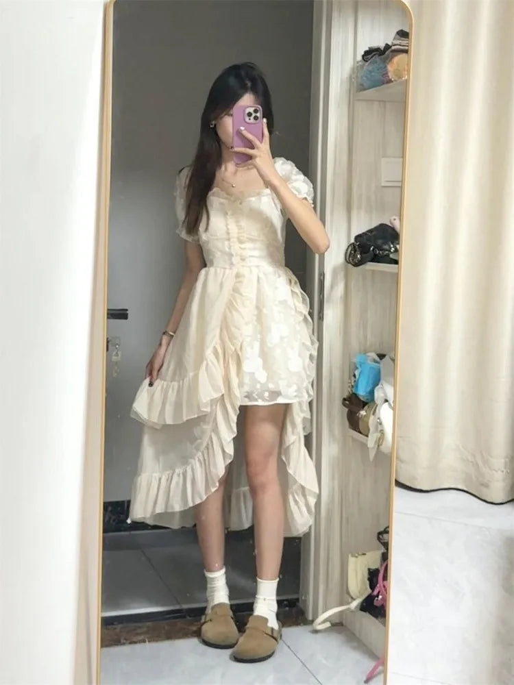 Cyflymder  Irregular Dresses Women Sweet Ruffles Square Collar Puff Short Sleeve Princess Spring Summer Elegant Dress Female