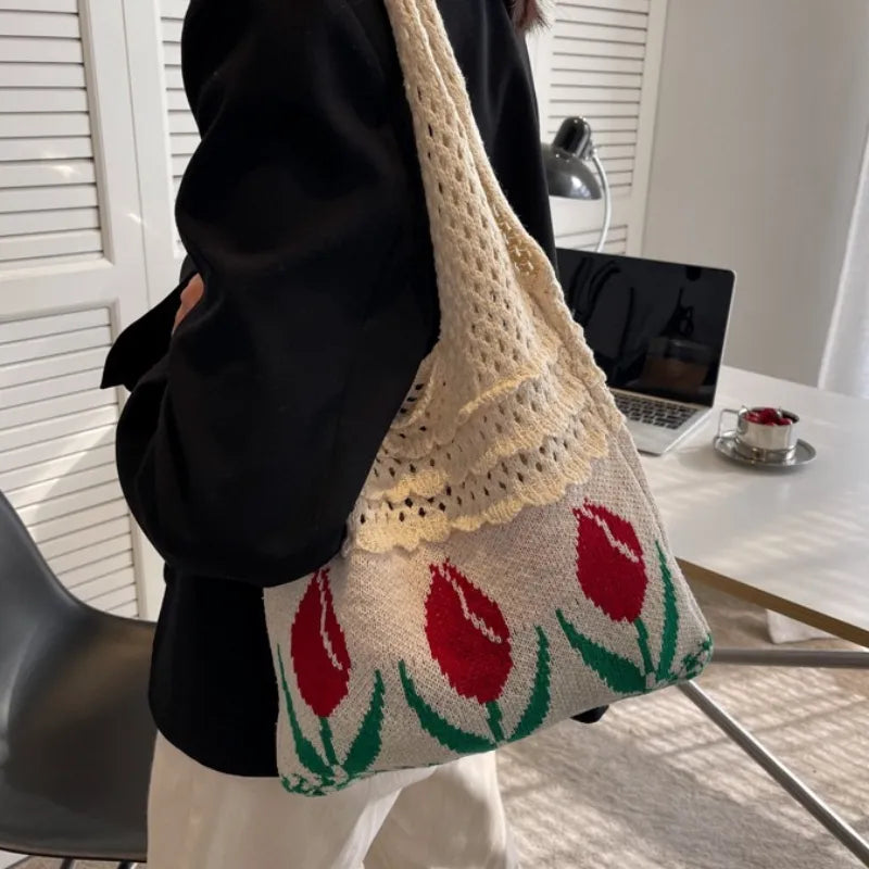 Cyflymder Tulip Knitted Bag Retro Flower Shoulder Bag Woolen Knitted Braid Handbag Fashion Art Chic Summer Holiday Tote Bags for Women