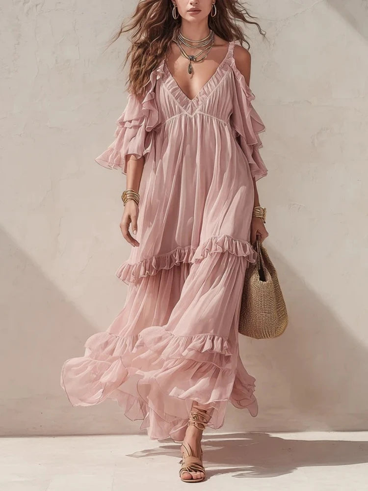Cyflymder  Women's Ruffled Tiered Maxi Dress V-Neck Off-shoulder Flutter Flowy Chiffon Gown Elegant Chic Boho Sexy High Waist Summer Dress