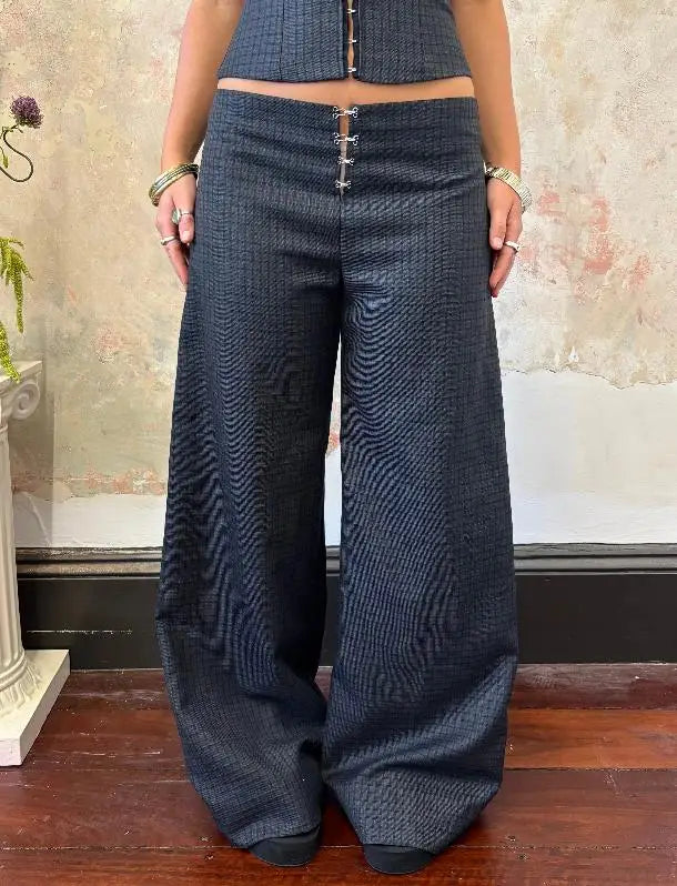 Cyflymder   Low-waist checked wide-leg pants ladies Y2K vintage hook design from 2000s vintage rock court style pants for street casual wear