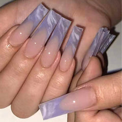 Cyflymder  24Pcs Purple French Fake Nails Long Coffin False Nails Marbling Detachable Ballerina Full Cover Nail Tips Press on Nails
