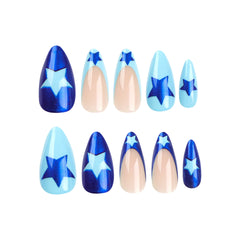 Cyflymder  Fashion Cool Light Blue Stars Deep Blue Glitter Almond Shape Fake Nails Detachable Finished False Nails Press on Nails with Glue