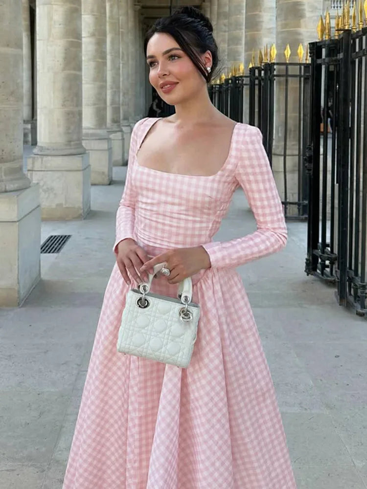 Cyflymder  Plaid Long Sleeve Pleated Maxi Dress For Women Autumn Fashion Square Collar High Waist A-line Club Party Long Dress New
