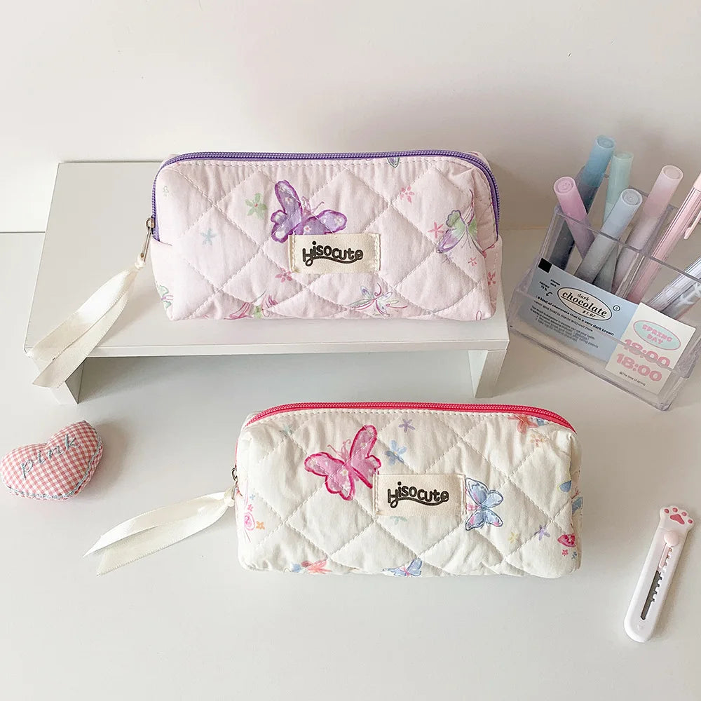 Cyflymder  1 Piece Korean Fashion Aesthetic Butterfly Pencil Case Print Floral Pink Purple Color Stationery Storage School Student Pen Bag