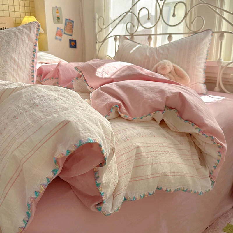 Cyflymder  100% Cotton Yarn-dyed Jacquard Floral Bedding Set Single Queen King Size Duvet Cover Bed Sheet/Fitted Sheet Pillowcases 3/4Pcs