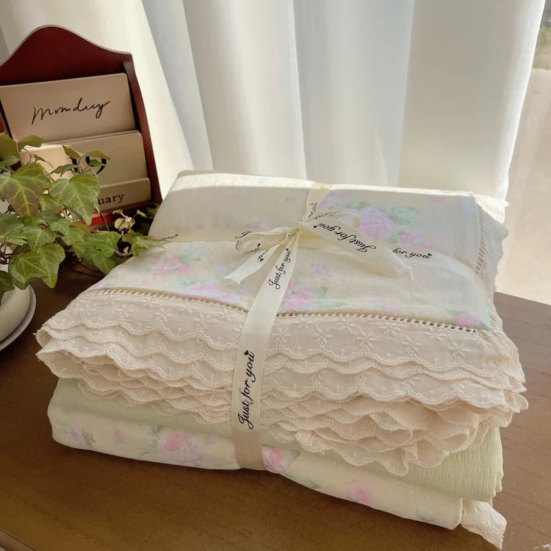 Cyflymder  New A-Class Hollow Lace Bedding Set Fitted Sheet Quilt Cover Pillowcase for Spring Summer Korean Skin Friendly Cozy Bedclothes
